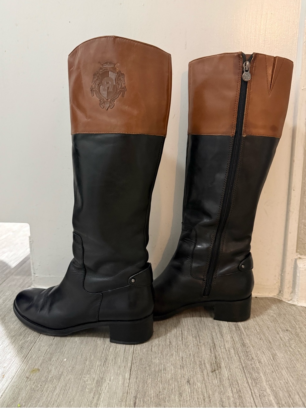 Etienne Aigner | Two-Tone Black and Brown Tall Riding Boots